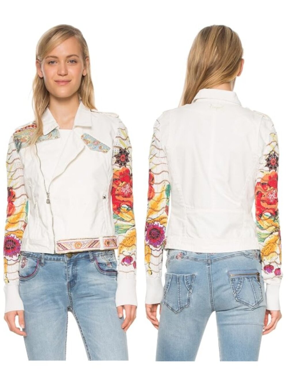 Desigual Colorful Floral Sequin Asymmetrical Zip Boxy Fit Moto Jacket